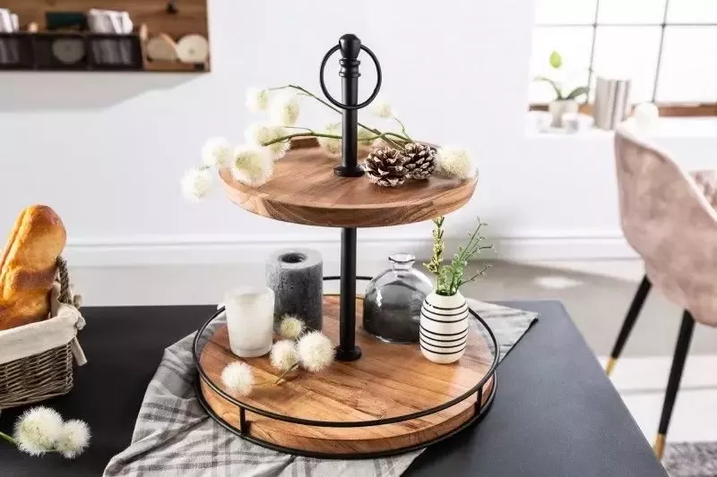 Invicta Interior Massief houten taartplateau PURE NATURE 40cm mango rond met twee niveaus zwart metaal 41606