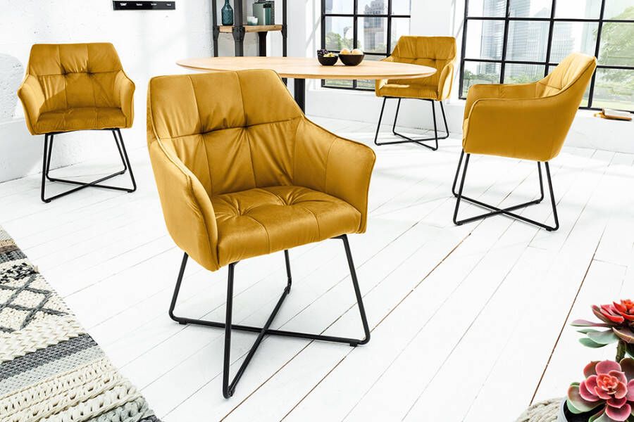 Invicta Interior Exclusief design stoel LOFT fluweel mosterdgeel met armleuning 42474