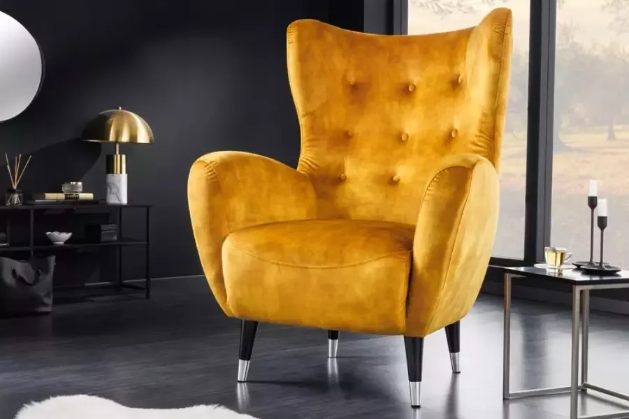 Invicta Interior Retro design fauteuil DON mosterdgeel fluweel veerkern zilveren voetdoppen 42640 - Foto 1