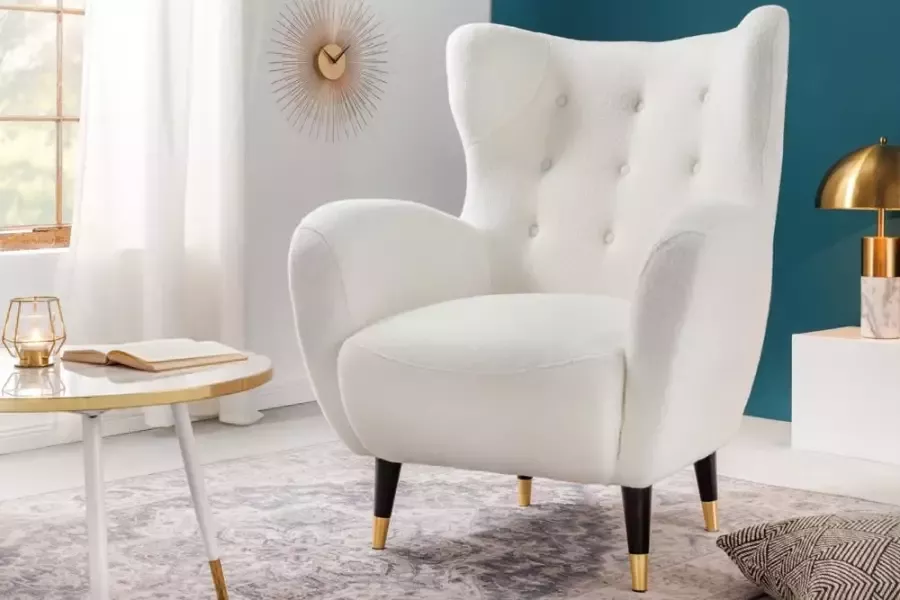 Invicta Interior Retro design fauteuil DON wit Bouclé stof veerkern gouden voetdoppen 42639 - Foto 1