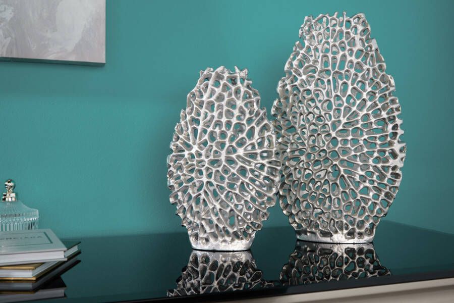 Invicta Interior Filigraan vazen set van 2 ABSTRACT LEAF 40cm zilveren metalen handgemaakte bloemenvaas 43189