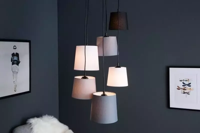 Invicta Interior Design hanglamp LEVELS IV zwart grijs wit met 6 linnen kappen 38821 - Foto 1