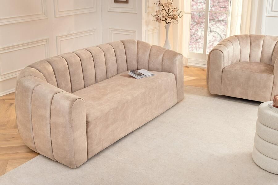 Invicta Interior 3-zitsbank BABYLON 200cm champagne beige fluweel met sierstiksel 44511