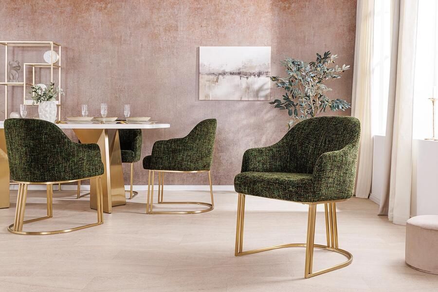 Invicta Interior Armleuningen Stoel EXTRAVAGANCIA donkergroene chenille stof metaal geborsteld champagne goud 45928