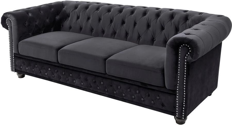 Invicta Interior Bank CHESTERFIELD 205 cm binnenvering 3-zits fluweel zwart 47033