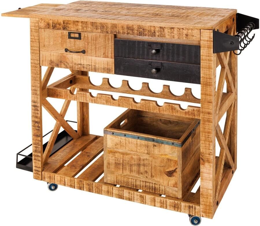 Invicta Interior Industriële barkast BODEGA 86 cm mangohouten serveerwagen met wijnrek en ophanging 42305 - Foto 2