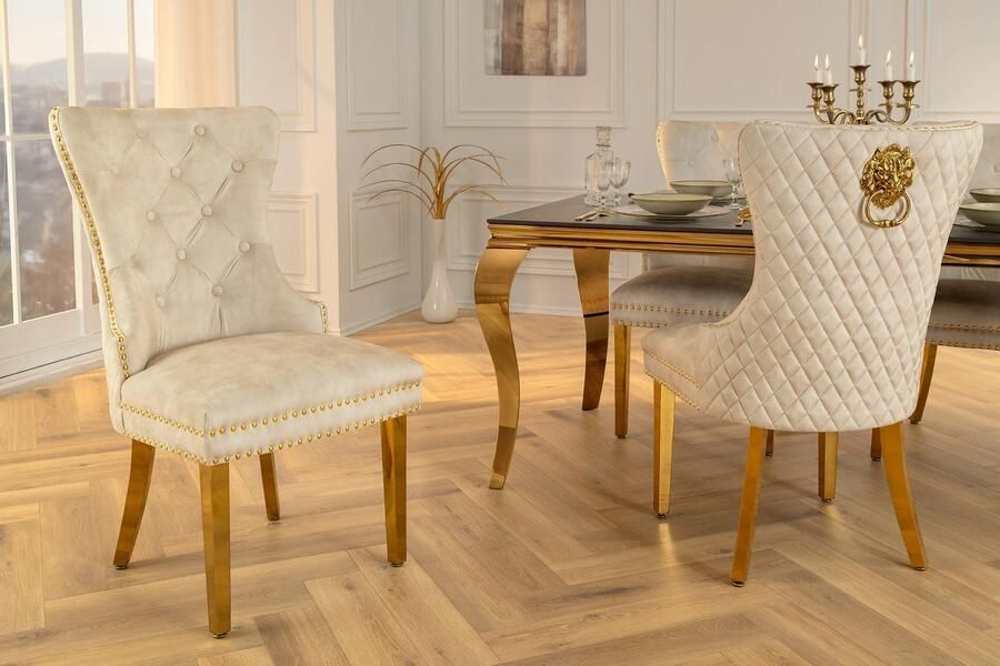 Invicta Interior Barokke stoel CASTLE DELUXE beige fluweel goud roestvrij staal met leeuwenkop decoratieve klinknagels 46148