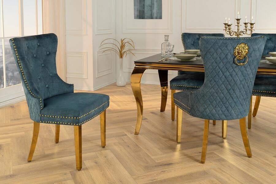 Invicta Interior Barokke stoel CASTLE DELUXE benzine fluweel goud roestvrij staal met leeuwenkop decoratieve klinknagels 46147