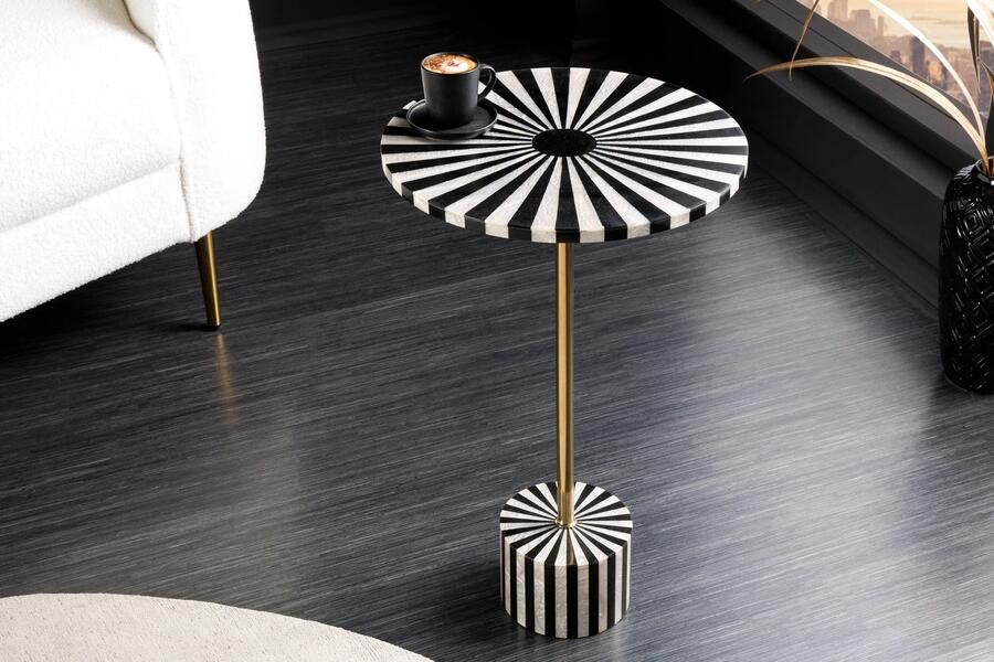 Invicta Interior Been Inleg Bijzettafel HARMONY NATURE 55cm Zwart Wit Ingelegd Arts & Crafts 44856