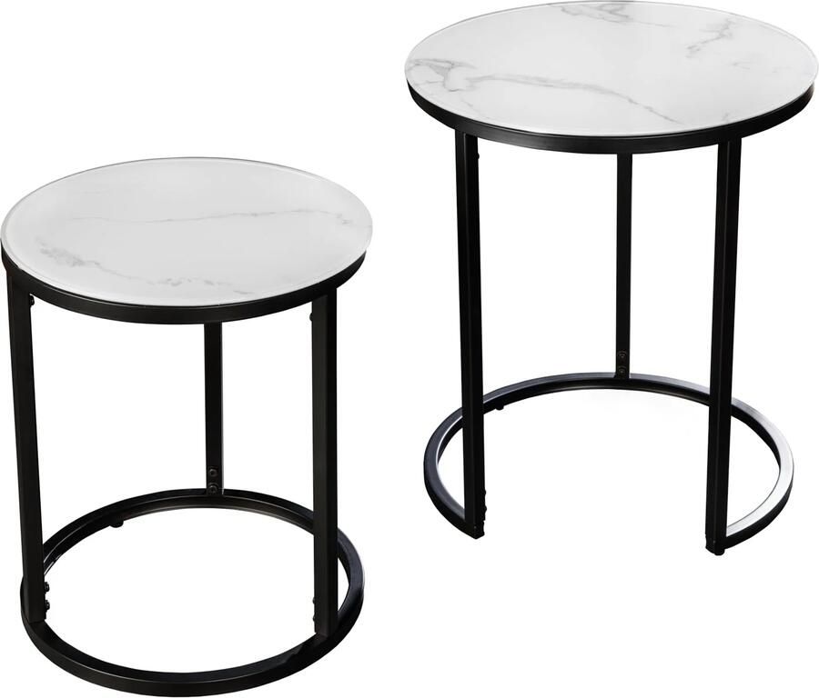 Invicta Interior Design bijzettafel ELEGANCE set van 2 wit rond kristalglas met marmer decor zwart frame 42178