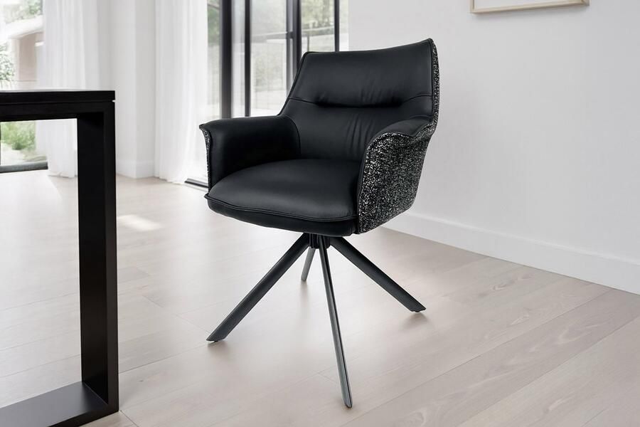 Invicta Interior Bureaustoel LE GRAND zwart echt leer getextureerde stof metalen frame met armleuning 46988