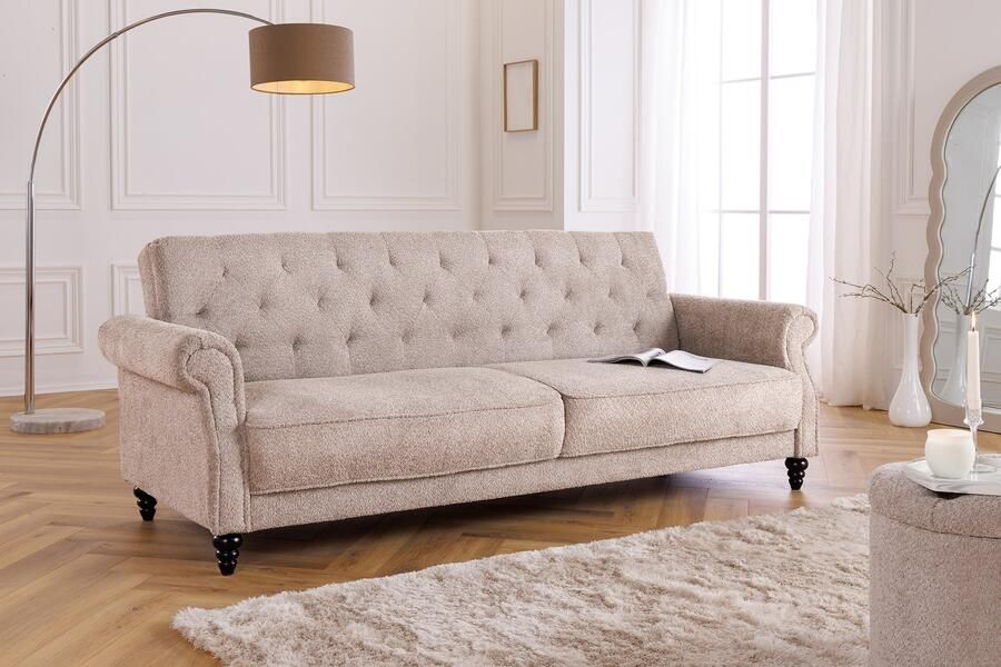 Invicta Interior Chesterfield 3-zitsbank MAISON BELLE AFFAIRE 220cm greige bouclé met slaapfunctie 44236