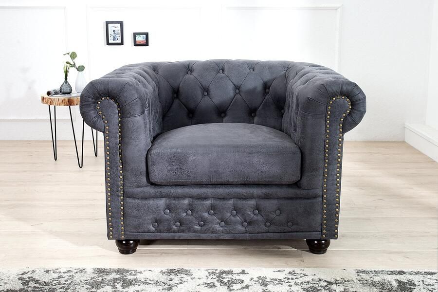 Invicta Interior Chesterfield Fauteuil 105cm antiek grijs met knoopstiksels en veerkern 37389