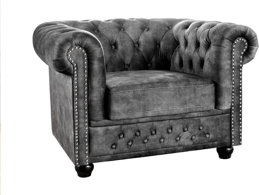 Invicta Interior Chesterfield fauteuil in fluweel antieke look grijs CHESTERFIELD