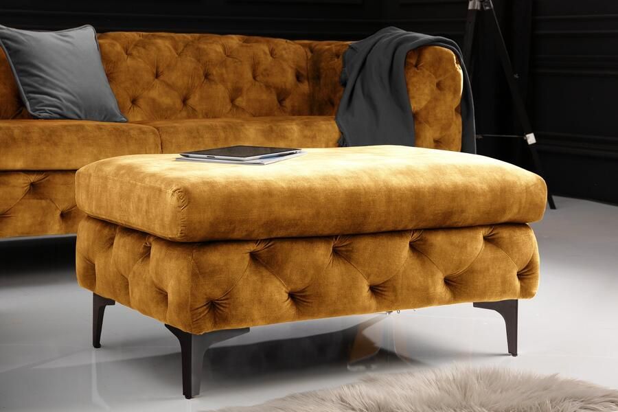 Invicta Interior Chesterfield kruk MODERN BAROK 90cm mosterdgeel fluweel Ottomaanse voetenbank 44395