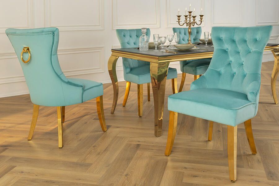 Invicta Interior Chesterfield Stoel CASTLE Blauw fluweel gouden roestvrijstalen poten met comfortabele handgreep 45844