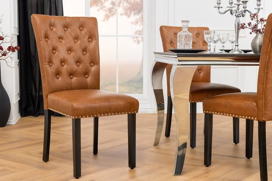 Invicta Interior Chesterfield Stoel CASTLE Bruin Kunstleer Zwart Rubber Hout Decoratieve Klinknagels 44589