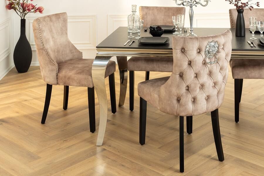 Invicta Interior Chesterfield Stoel CASTLE DELUXE beige fluweel met leeuwenkop studs 45734