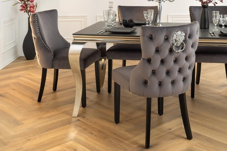 Invicta Interior Chesterfield Stoel CASTLE DELUXE Grijs Fluweel met Leeuwenkoppen 45732