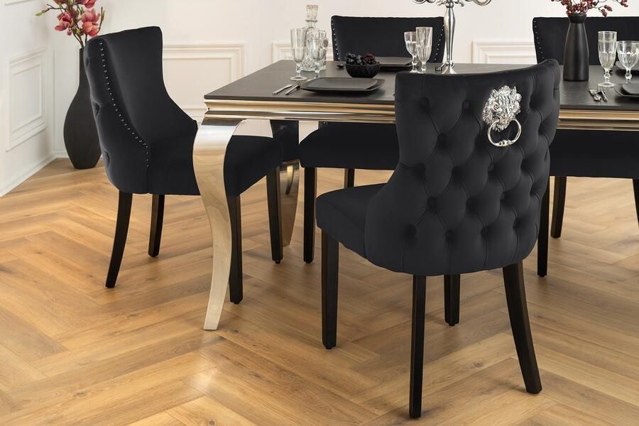 Invicta Interior Chesterfield Stoel CASTLE DELUXE Zwart fluweel met leeuwenkop klinknagels 45733