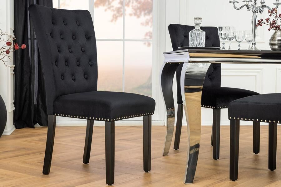 Invicta Interior Chesterfield Stoel CASTLE Zwart fluweel rubberhout decoratieve klinknagels 44590