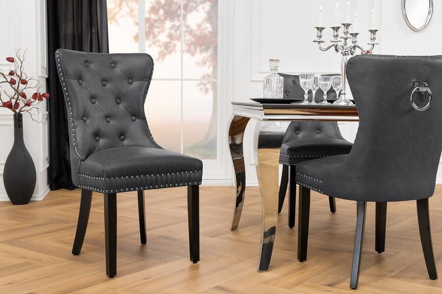 Invicta Interior Chesterfield Stoel CASTLE Zwart Kunstleer Massief Hout met Comfort Handvat 44585