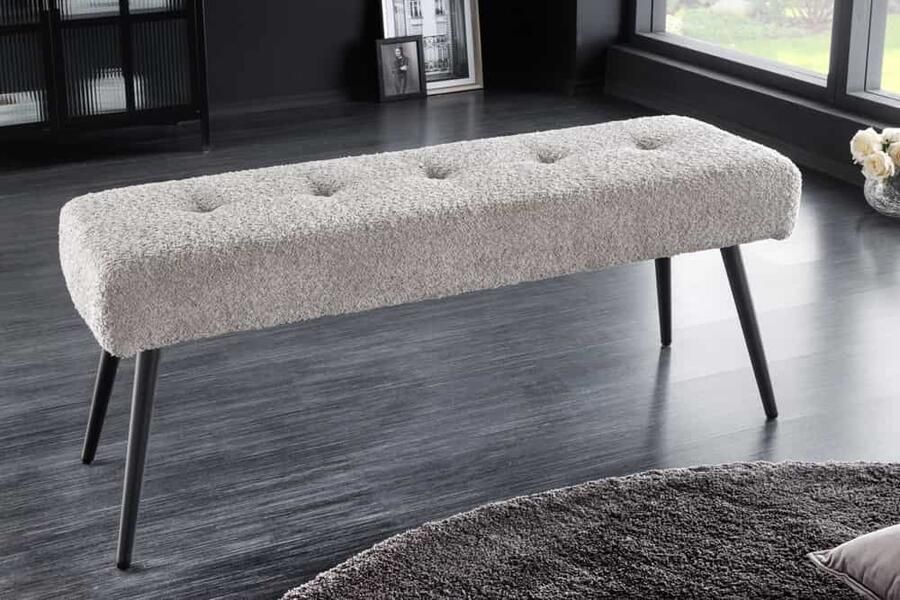 Invicta Interior Design Bank BOUTIQUE 100cm champagne greige Boucle Zwart Metalen Poten Gestoffeerde Bank 44246