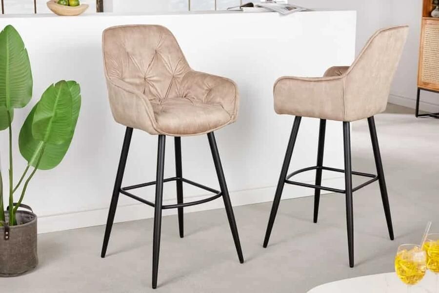 Invicta Interior Design barkruk MILANO champagne beige fluwelen barkruk met rugleuning metaal zwart 41958