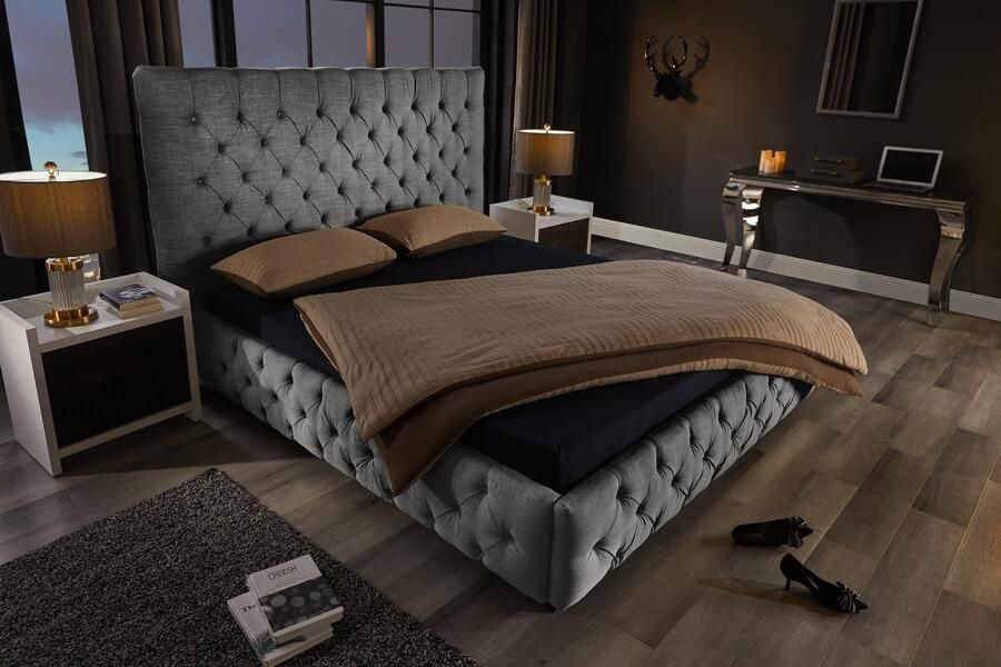 Invicta Interior Design bedstee PARIS 180x200cm grijs linnen Chesterfield tweepersoonsbed 41327 - Foto 2