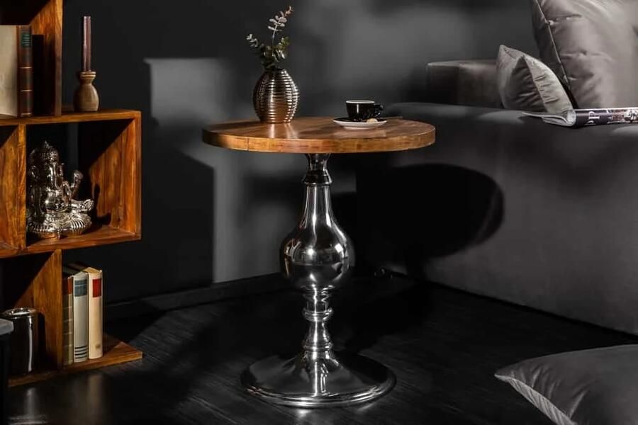 Invicta Interior Design bijzettafel EXTRAVAGANCIA 50cm massief mangohout ronde metalen kolomvoet zilver 39090