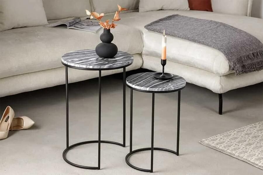 Invicta Interior Design bijzettafel set van 2 ELEMENTS 40cm grijs marmer zwart frame rond 41555