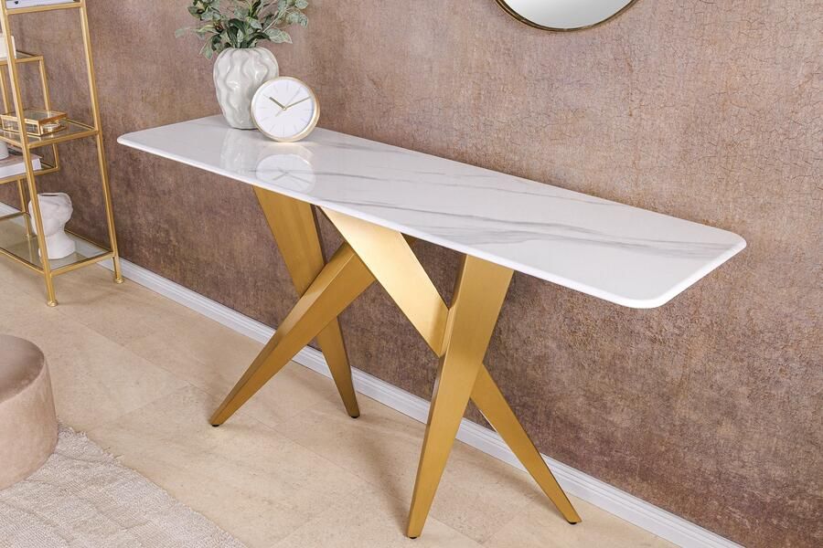 Invicta Interior Design console tafel ART LIVING 140cm wit marmer keramiek champagne goud geborsteld 46203