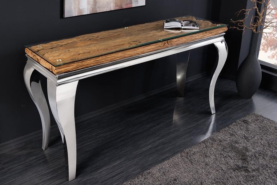 Invicta Interior Design Console Tafel MODERN BAROK 140cm Naturel Chroom Teak Roestvrij Stalen Glazen Blad 44364