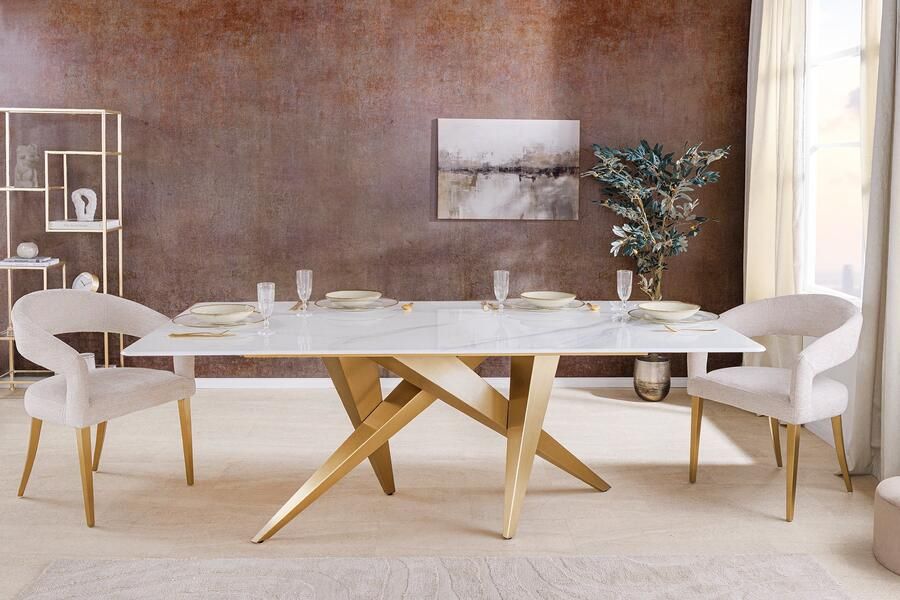 Invicta Interior Design eettafel ART LIVING 200cm wit marmer keramiek metaal geborsteld champagne goud 46202