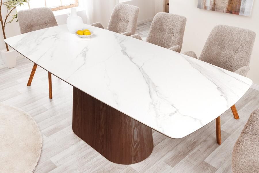 Invicta Interior Design Eettafel UNIEK 200cm Wit Walnoot Keramiek Marmeren Kolom Onderstel 45139