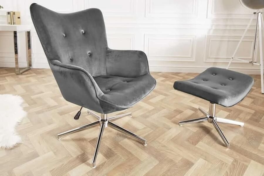 Invicta Interior Design fauteuil MR. LOUNGER grijs chroom fluweel in hoogte verstelbaar draaibaar retro 39511 - Foto 2