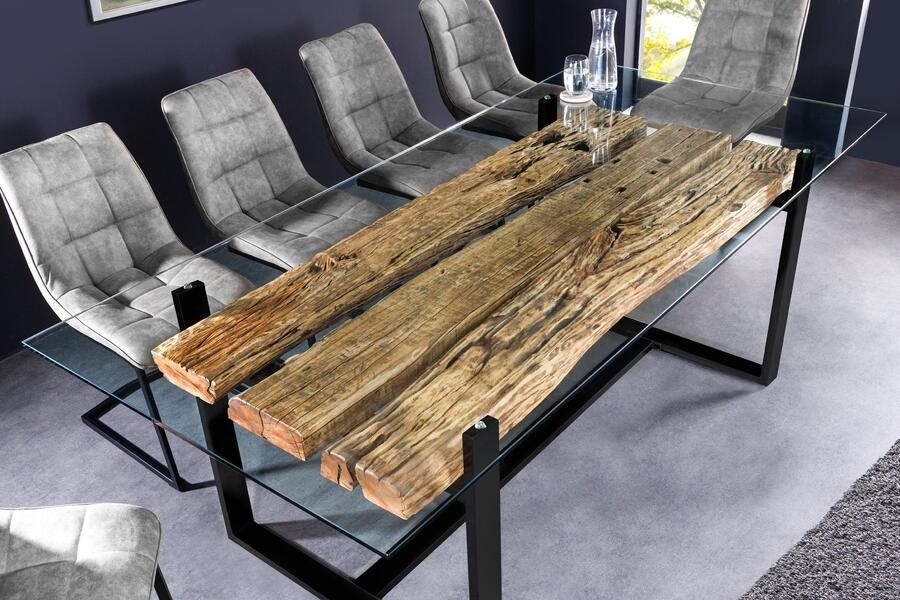 Invicta Interior Design glazen eettafel BARRACUDA 220 cm natuurlijk massief teakhout zwart onderstel 43342