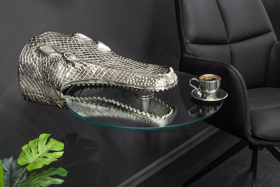 Invicta Interior Design Hangtafel WILDLIFE CROCODILE 60cm Zilverkleurig Metalen Krokodil Bijzettafel 44843