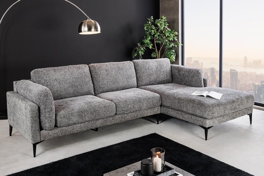 Invicta Interior Design hoekbank MANHATTAN 295cm Grijze getextureerde stof Chenille Spring Core 3-zits metalen poten 44278