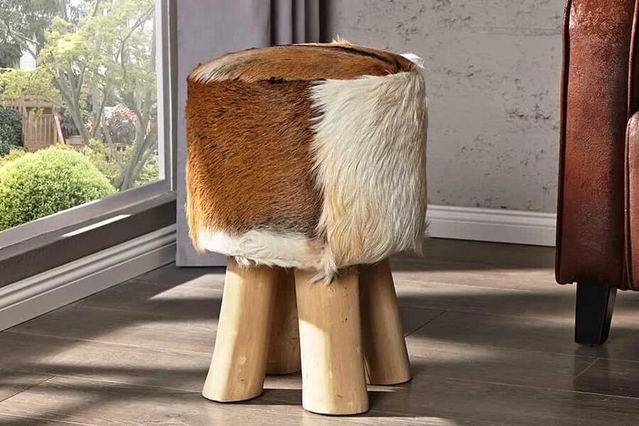 Invicta Interior Design Ottoman HIDE 45cm bruin wit met geitenleer en teak 35441