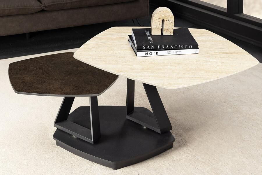Invicta Interior Design salontafel MOVEMENT roest vijfhoekige draaibare travertijn keramiek zwart metaal 46421