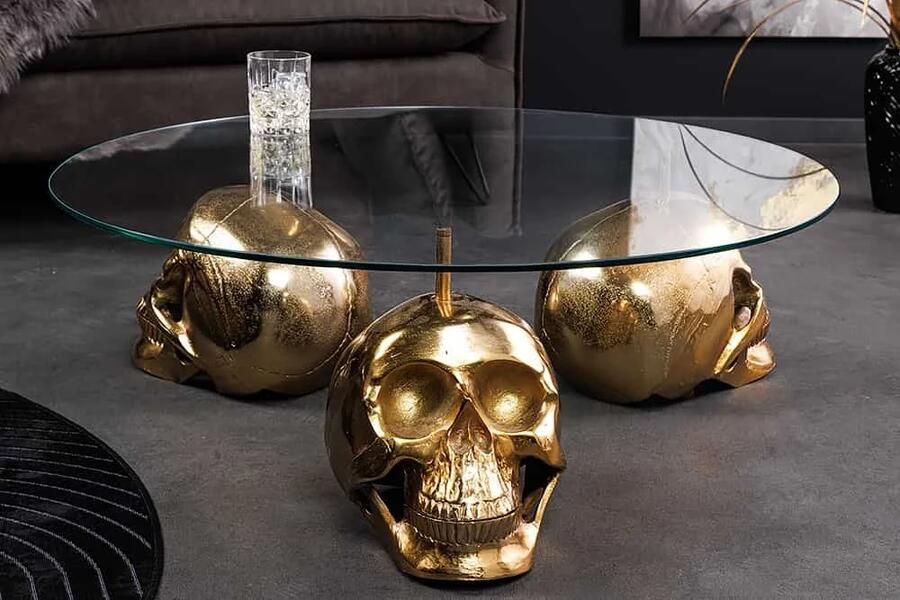 Invicta Interior Design salontafel SKULL XXL 90cm goud rond glazen blad metalen schedel handgemaakt 43496