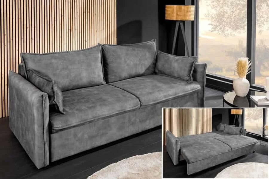 Invicta Interior Design slaapbank APARTMENT 215 cm grijs fluwelen 3-zitsbank incl. bedbox kussen 47133