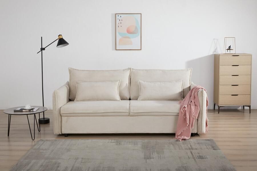 Invicta Interior Design slaapbank APARTMENT 215cm beige corduroy 3-zits bank incl. bedbox kussen 47132