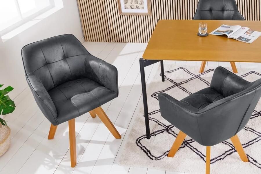 Invicta Interior Design Stoel LOFT Antiek Grijs Microvezel Draaibaar Massief Beukenhout met Armleuning 42388