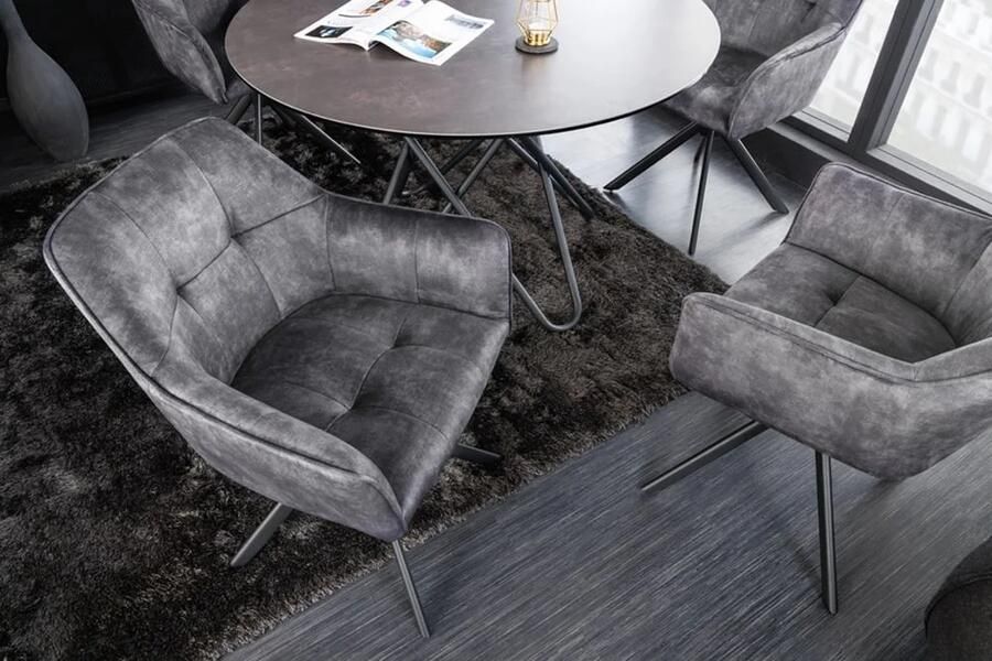 Invicta Interior Design Stoel LOFT donkergrijs fluwelen draaibaar metalen frame zwart met armleuning 42390