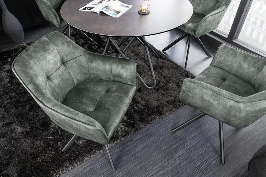 Invicta Interior Design Stoel LOFT Groen Fluweel Draaibaar Metalen Onderstel Zwart met Armleuning 42393
