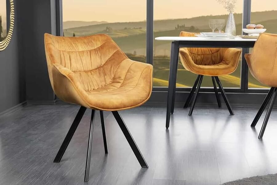 Invicta Interior Design stoel THE DUTCH COMFORT mosterdgeel fluweel met armleuning gestoffeerde zwarte metalen poten 44276 - Foto 2