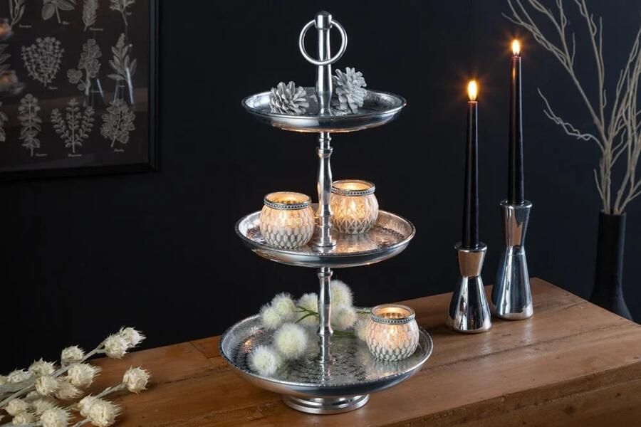 Invicta Interior Design taartplateau ORIENT 47cm zilver in wildhammerafwerking met drie niveaus 41534