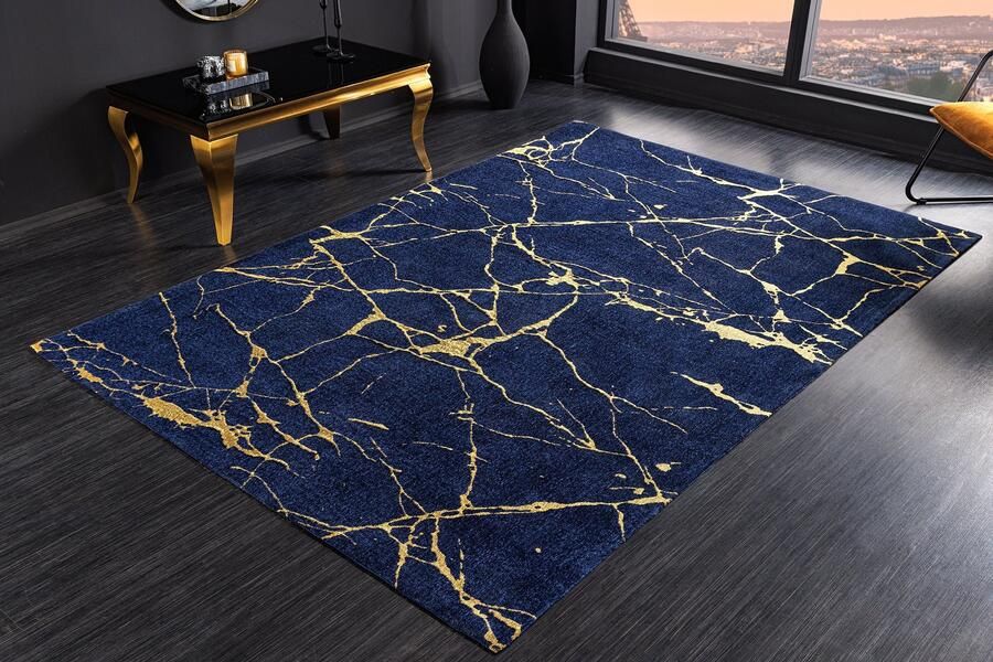 Invicta Interior Design Tapijt MARBLE 240x160cm Royal Blue Gold Marble Look Flatweave 44432